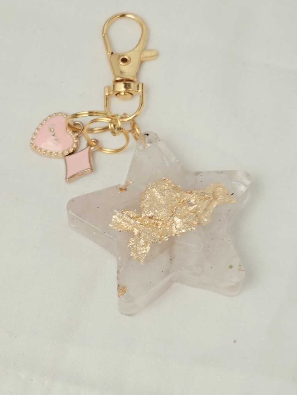 Rose Quartz Pink Star Keychain with Gold Leaf Accent